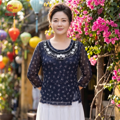 26110 - Áo Kiểu Tay Lỡ Thêu Hoa Sen Đính Đá Pha Lê Đen