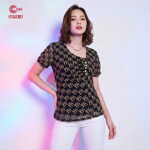26114 - Áo Kiểu Tay Ngắn In Họa Tiết Cổ Lệch Nhún Phối Nút Kim Sang Trọng