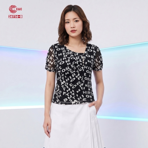 26114 - Áo Kiểu Tay Ngắn In Họa Tiết Cổ Lệch Nhún Phối Nút Kim Sang Trọng