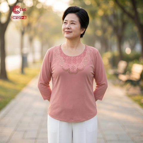 26121 - Áo Tay Lỡ Cổ Ren Thêu Hoa Cúc Đính Đá
