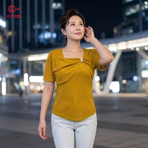 26133 - Áo Lưới Gân Nhún Ngực Đính Nút Kiểu