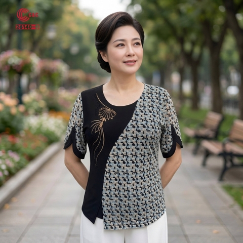 26140 - Áo Tay Ngắn Cách Điệu Vạt Chéo Thêu Hoa Sen Đính Đá