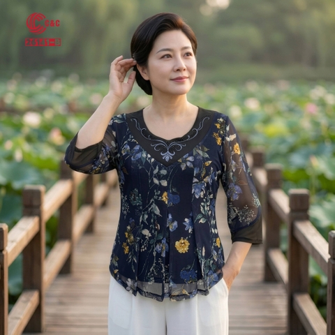 26141 - Áo Tay Lỡ In Hoa Xếp Ly Thêu Phối Đính Đá Pha Lê