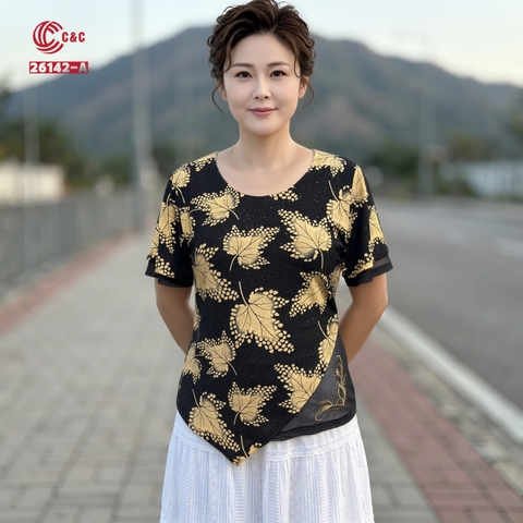 26142 - Thiết Kế Độc Đáo Cổ Tròn Tay Ngắn Cách Điệu Phối Thêu Đính Đá