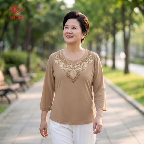 26161 - Cổ Tròn Phối Ren Thêu Đính Đá