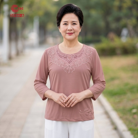 26164 - Áo Kiểu Tay Lỡ Cổ Tròn Thêu Hoa Vũ Điệu Hoàng Kim