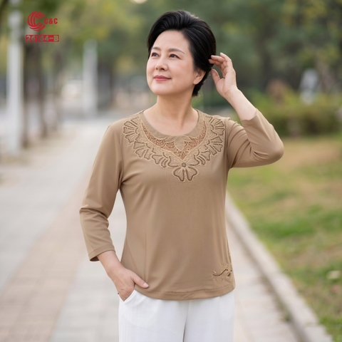 26164 - Áo Kiểu Tay Lỡ Cổ Tròn Thêu Hoa Vũ Điệu Hoàng Kim