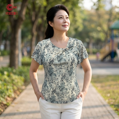 26198 - Áo Tay Bèo Ngắn Cổ Thuyền Nhún Phối Nơ Ngọc Trai Đá Thủy Tinh