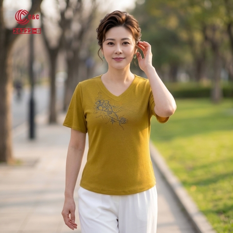 26222 - Áo Len Mịn Cổ Tim Tay Xòe Rũ Thêu Hoa Ép Đá