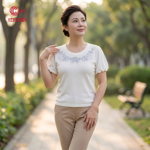 26223 - Cổ Tròn Tay Phồng Ngắn Thêu Hoa Hồng Phối Đá