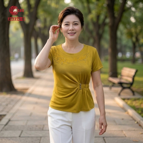 26224 - Áo Kiểu Peplum Tay Ngắn Thêu Hoa Đính Đá Ánh Sương
