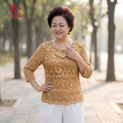26236 - Áo Tay Lỡ Thêu Hoa Chín Cánh Đính Đá Pha Lê