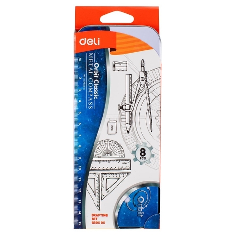 Bộ Compa Eke Thước kẻ Deli hộp sắt - Bộ 8 món - Mã G30505
