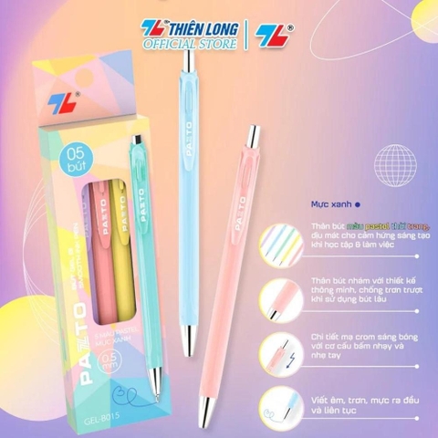 Bút gel B màu Pastel Thiên Long Pazto GEL-B015 - Mực xanh (5 cây)