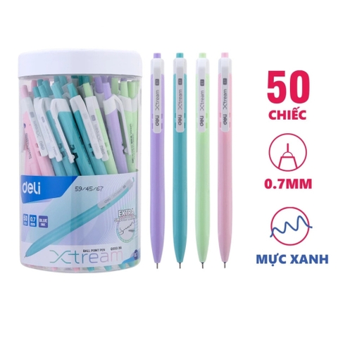 Bút Bi Deli Q033 36 Ngòi 0.7mm Màu Xanh Viết Đầu Trơn Phù Hợp Cho Học Sinh, Văn Phòng
