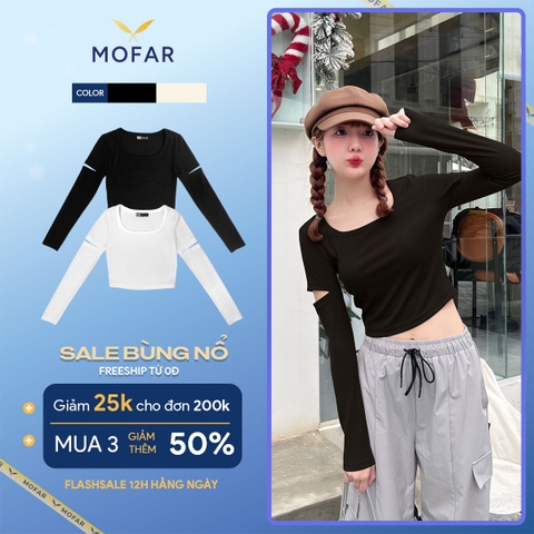 Áo croptop cổ vuông nữ dài tay chất liệu tăm hàn Mofar AT026