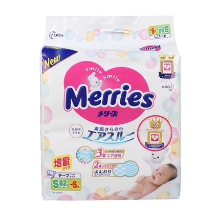 Bỉm - Tã dán Merries size S 82 cộng 6 miếng (cho bé 4 - 8kg)