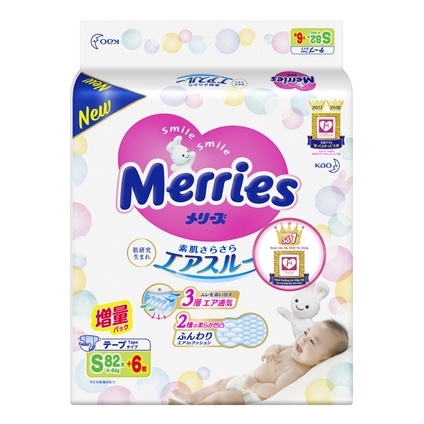 Bỉm - Tã dán Merries size S 82 cộng 6 miếng (cho bé 4 - 8kg)