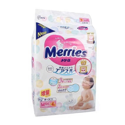 Bỉm - Tã dán Merries size M 64 cộng 4 miếng (cho bé 6-11kg)