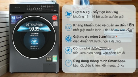 Máy giặt sấy Panasonic Inverter lồng ngang giặt 9.5 kg/Sấy 2 kg NA-V95FR1BVT