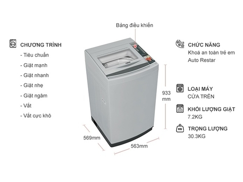Máy giặt Aqua lồng 7.2 kg lồng đứng AQW-S72CT