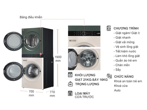 Tháp máy giặt sấy LG WashTower Inverter giặt 21 kg - sấy 16 kg WT2116SHEG