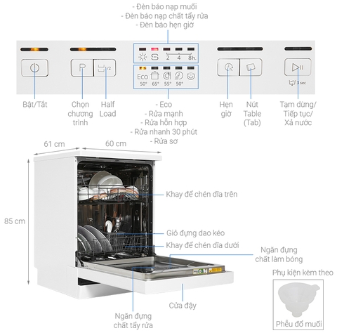 Máy rửa bát 13 bộ Châu Âu Whirlpool 7kg WFE2B19