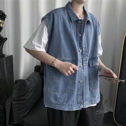 Áo khoác jean sát nách form rộng, Áo Jeans Gile Denim Unisex Form rộng màu xanh