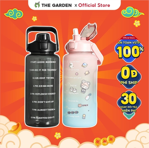 Bình nhắc nhở uống nước có ống hút, vạch chia màu | Dung tích 2000ml