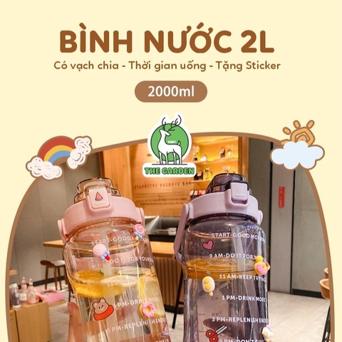 Bình nhắc nhở uống nước có ống hút, vạch chia màu | Dung tích 2000ml