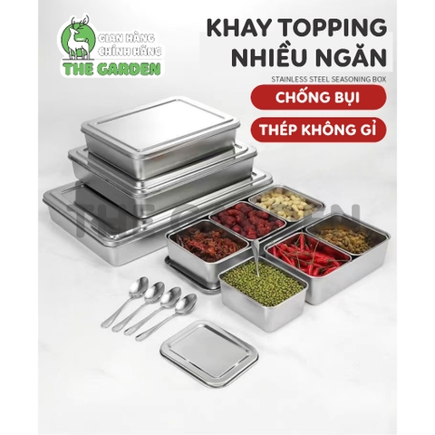 Bộ khay inox 304 THE GARDEN đựng topp g - gia vị  6 và 8 ngăn có nắp nhựa