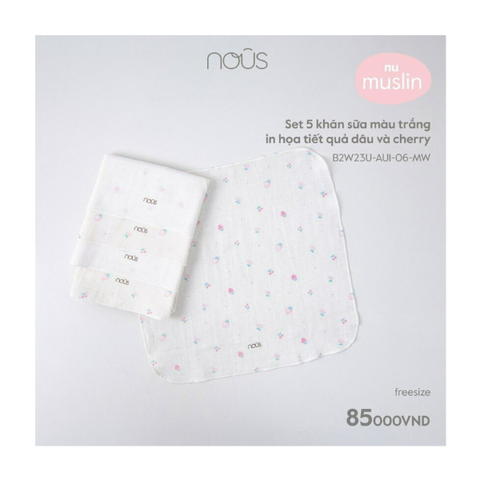 Set 5 khăn sữa màu trắng in hoạ tiết quả dâu và cherry
