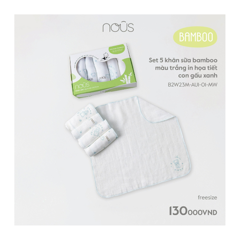 Set 5 khăn sữa bamboo màu trắng in hoạ tiết con gấu xanh