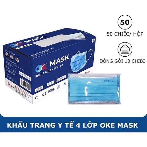 KHẨU TRANG OK MASK 4 LỚP - MÀU XANH - HỘP 50 CÁI