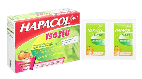 Thuốc cốm sủi bọt Hapacol 150 Flu trị triệu chứng cảm sốt, sổ mũi hộp 24 gói