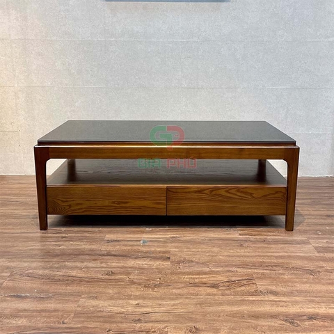 Bàn trà gỗ sồi mặt kính 2 ngăn kéo Rustic - BT41