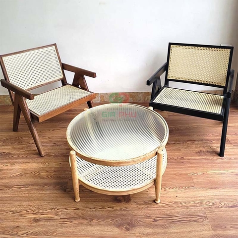 Bàn trà gỗ sồi tròn 2 tầng mặt kính sóng - BT9