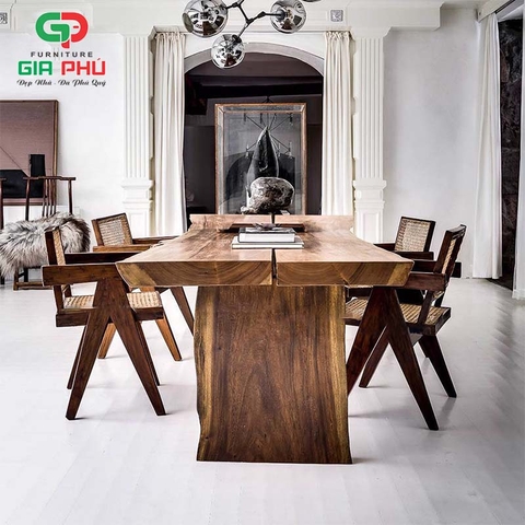 Bộ bàn ăn gỗ nguyên khối 4 ghế gỗ mây v Leg Pierre Jeanneret - BBG27