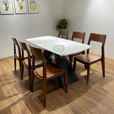Bộ Bàn Ăn Mặt Đá 6 Ghế Gỗ Tần Bì Lưng Cong - BBG40