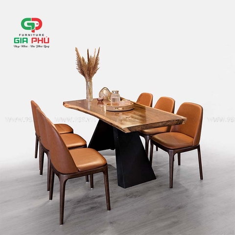 Bộ bàn ăn Eliot gỗ nguyên tấm 6 ghế grace bọc da - BBG24