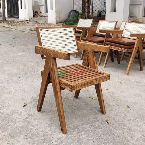 Ghế gỗ tựa lưng mây có tay jeanneret V-leg - G31A