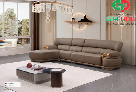 Ghế sofa phòng khách - Ghế sofa góc chữ L nhập khẩu G512- Nệm mút cao cấp bọc da sinh thái. Tựa tay gỗ mun.