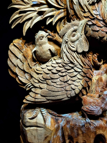 Tượng Gia Đình Gà Gỗ Hoàng đàn đẹp