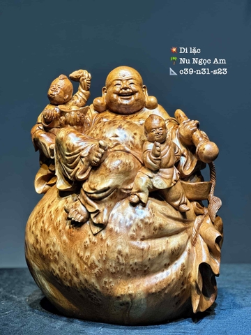 Tượng di lạc ngồi bao tiền vàng Gỗ Nu Ngọc Am thơm