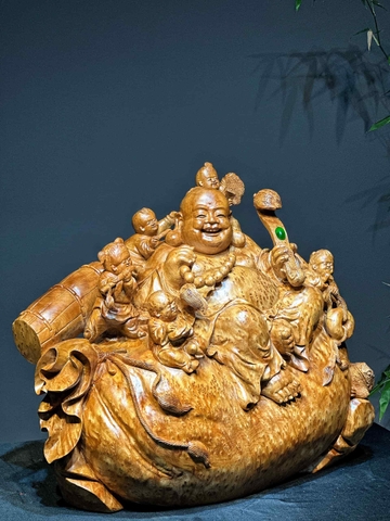 Tượng di lạc ngồi bao tiền vàng gỗ nu ngọc am đẹp