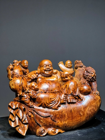 Tượng Di lạc  ngồi bao tiền vàng gỗ nu ngọc am đẹp