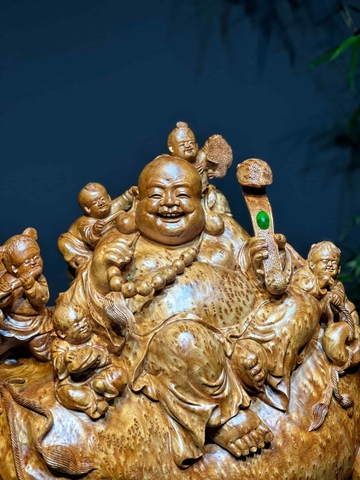 Tượng di lạc ngồi bao tiền vàng gỗ nu ngọc am đẹp