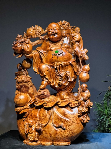 Tượng Di lạc  vác đào gỗ nu ngọc am đẹp