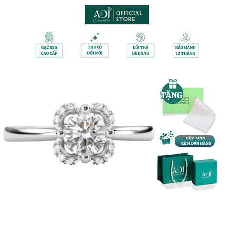 Nhẫn Bạc Nữ ADJ Hoa 4 Cánh Viền Đá Tròn Viên Chủ Lấp Lánh Đế Nạm Tinh Xảo