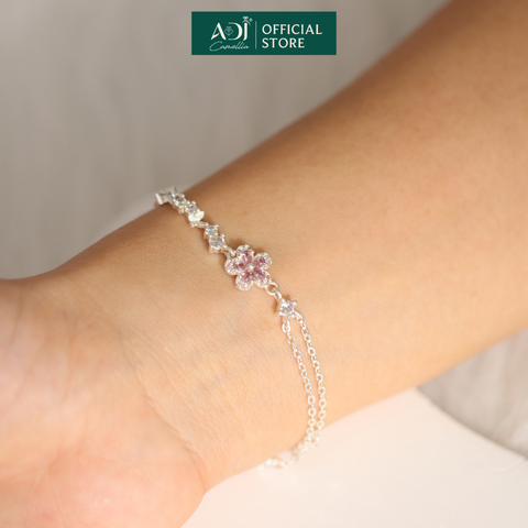 Lắc Tay Bạc Nữ ADJ Dây Đôi Mix Charm Hoa Đá Hồng Lấp Lánh